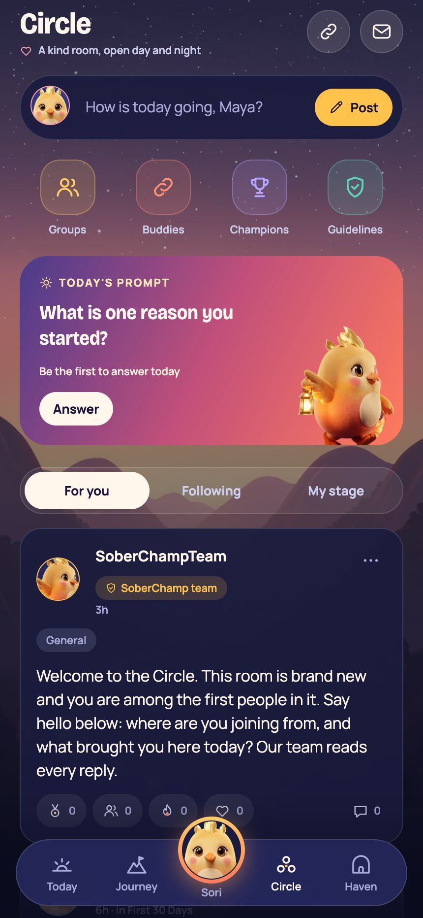 The Circle community screen with a daily prompt, groups, buddies, and a welcome post from the SoberChamp team.