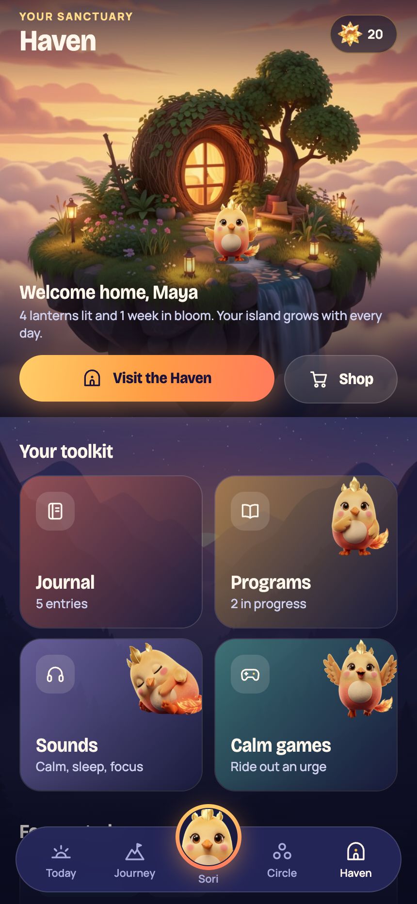 The Haven toolkit with a journal, programs, sounds, and calm games.