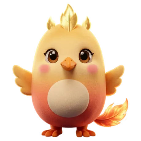 Sori, a round baby phoenix with golden feathers and a small crown of crest feathers.