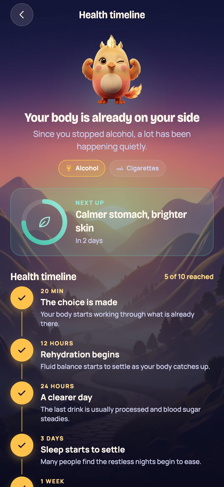 The health timeline: your body is already on your side, with milestones from 20 minutes to one week.