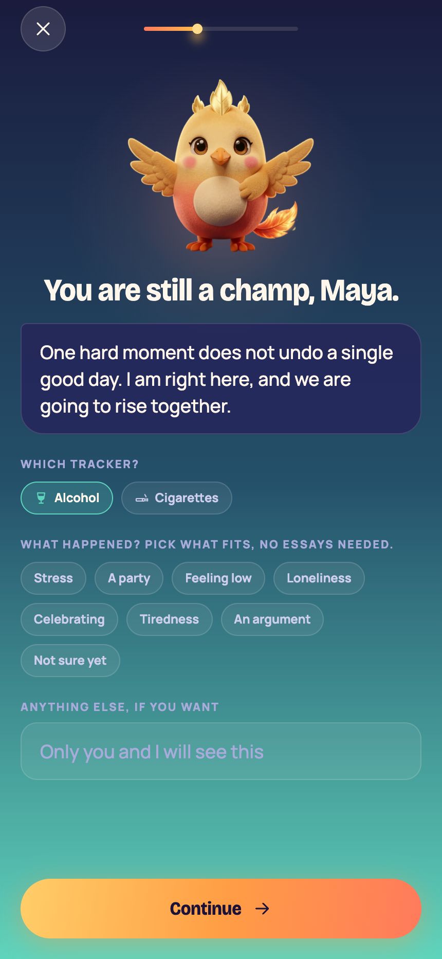 The Rise Again screen: You are still a champ. One hard moment does not undo a single good day.