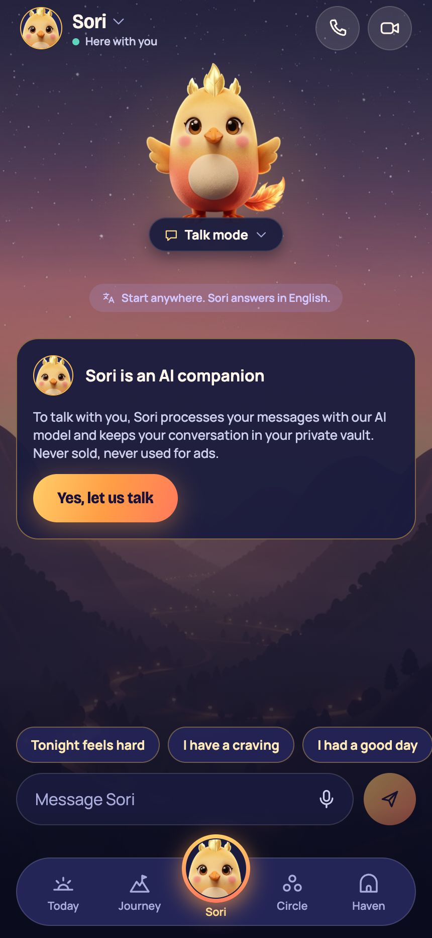 The chat screen with Sori, a baby dawn phoenix, and a notice that Sori is an AI companion with a consent button.