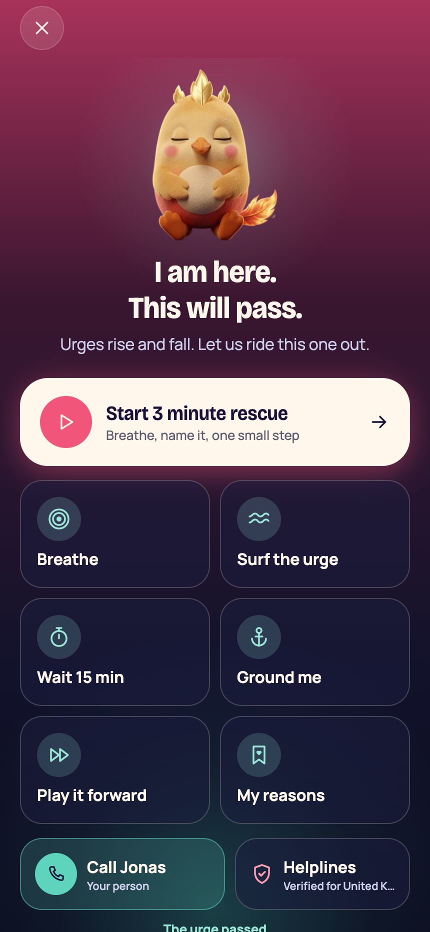 The SOS screen: I am here. This will pass. A three minute rescue, breathing, urge surfing, a 15 minute timer, grounding, and helplines.