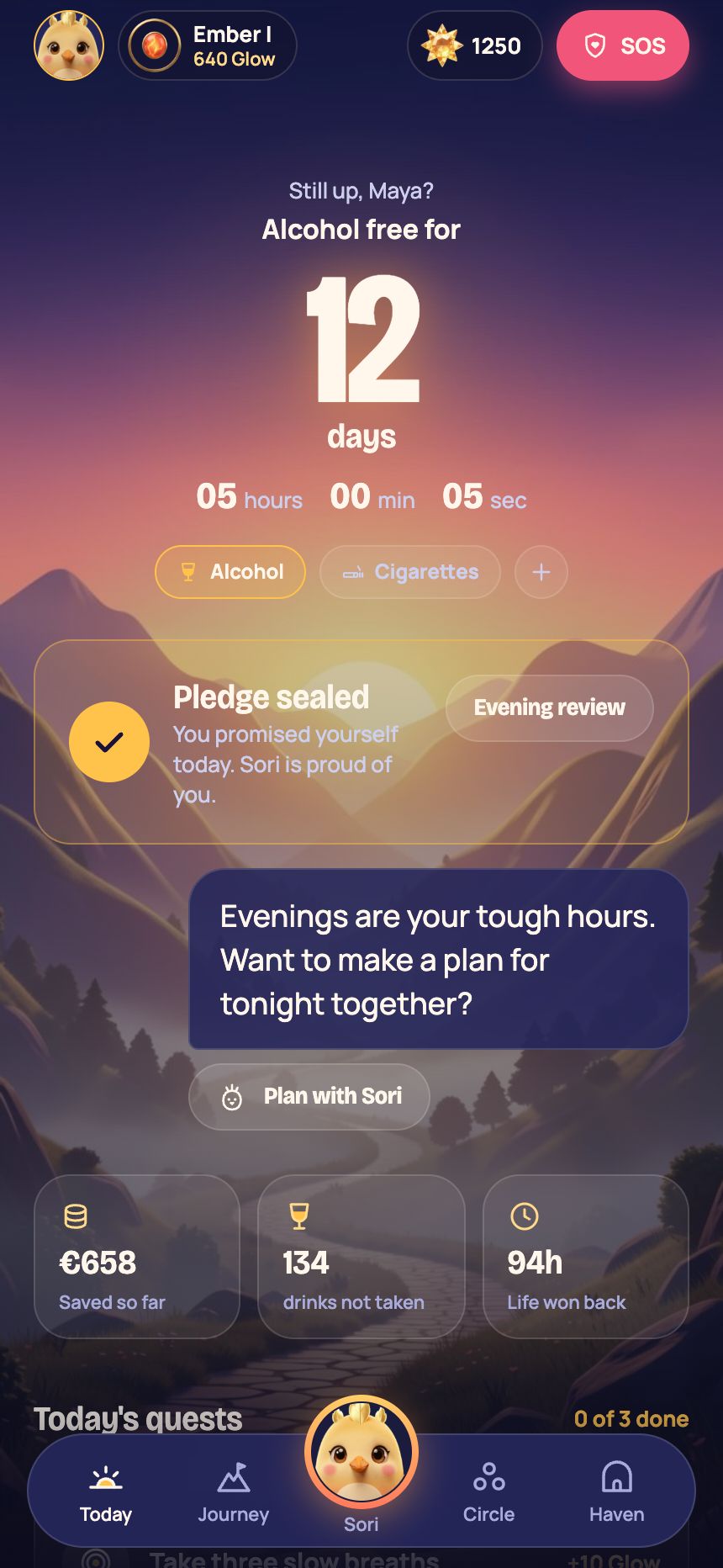 The SoberChamp home screen: alcohol free for 12 days, with a sealed pledge and a note from Sori.