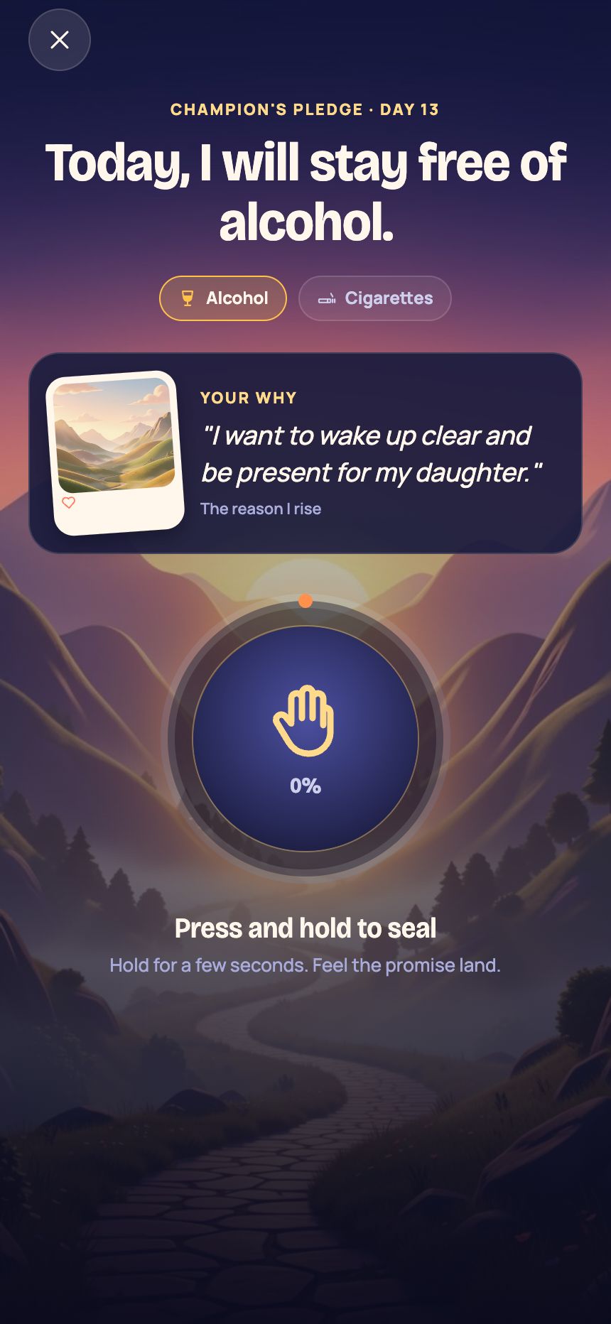 The Champion's Pledge screen with a press and hold seal.